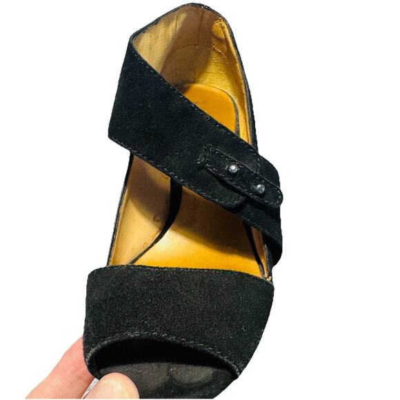 L.A.M.B. Gwen Stefani Black Suede Leather Peep Toe Strap High Stiletto Heels 7 - Picture 3 of 9